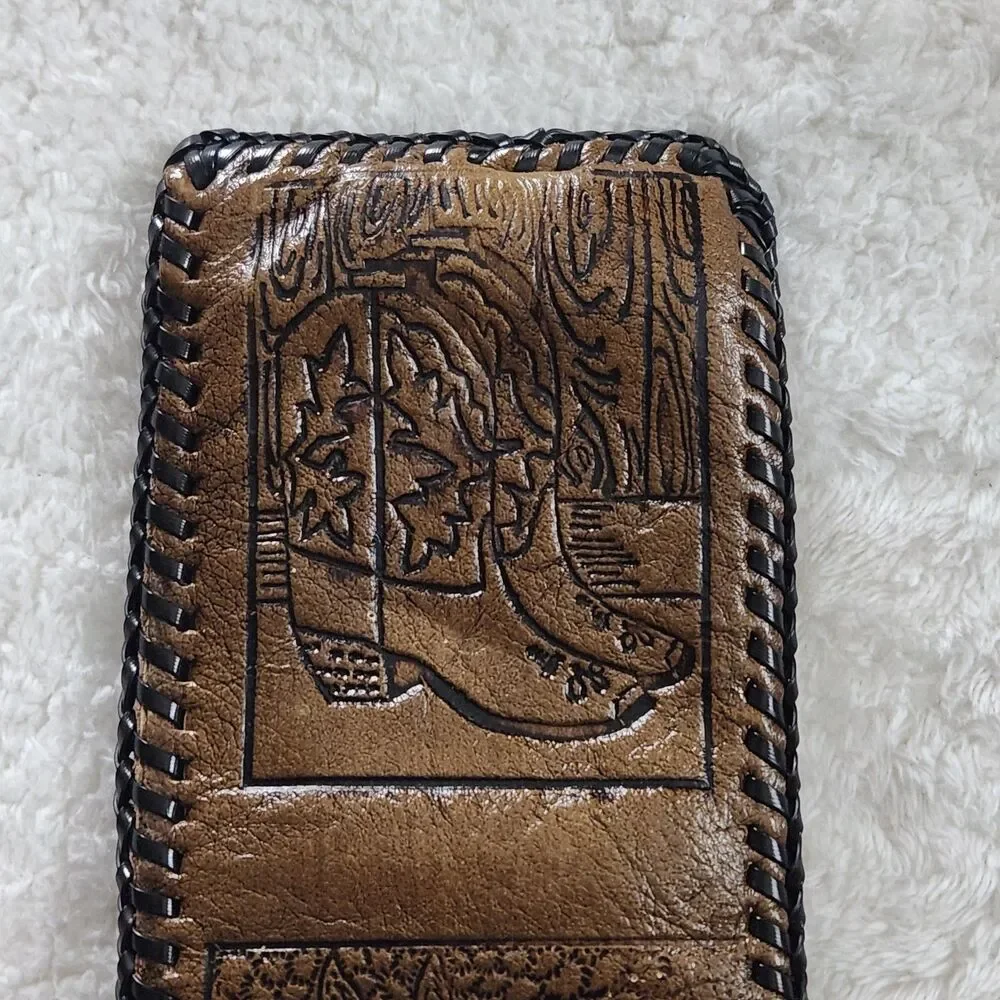Vtg Hand Tooled Leather Braided Edge Bifold Wallet Western/Cowboy-Horse & Boots